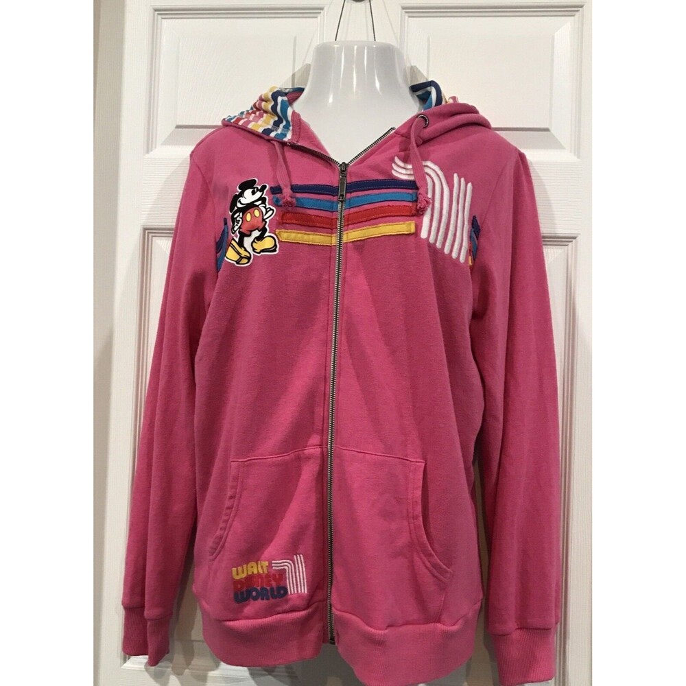 Disney Parks Pink Hoodie Hooded Sweatshirt Rainbow Flocked Mickey Mouse XL